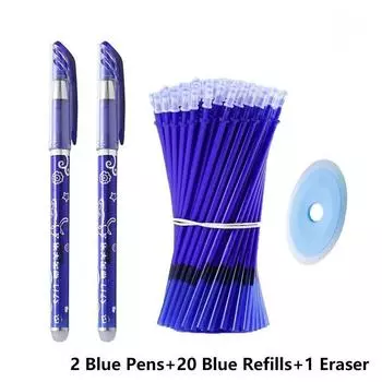 1 комплект 0,5 мм школьные офисные стержни для ручек стираемые ручки ластик синий черный моющиеся 2Pen+20Refill+1Eraser синий