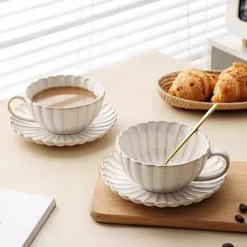 1 комплект 230 мл винтажная керамическая кофейная кружка и блюдце тарелка чайная чашка набор питьевых чашек для завтрака послеобеденный чай посуда подарки 201-300ml белый