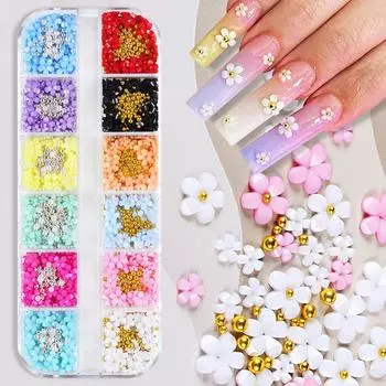 1 комплект, 3D акриловый цветок для ногтей, подвески, летние украшения, стразы, жемчужные бусины, детали, аксессуары для ногтей, смешанные 3/6 мм