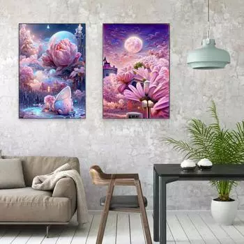 1 комплект 5D DIY комплект алмазной живописи дерево луна узор романтический горный хрусталь картина ремесло для украшения дома розовый