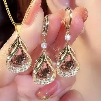 1 комплект элегантных и стильных новых геометрических серег и ожерелья с подвеской-каплей «кошачий глаз» - универсальный, нежный подарок на День святого Валентина розовый