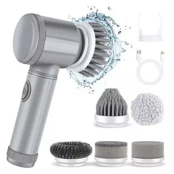 1 комплект электрической чистящей щетки с 6 различными насадками для предотвращения разбрызгивания, водонепроницаемая ручная вращающаяся щетка для мытья плитки в ванной комнате, пола, посуды серый