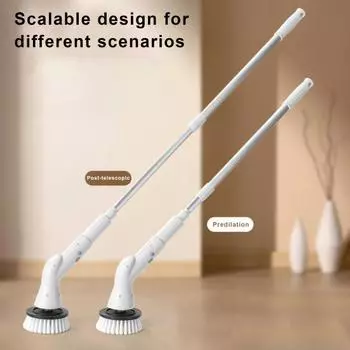 1 комплект электрической щетки для чистки с 4 сменными насадками, вращающаяся удлинительная ручка, водонепроницаемая беспроводная скруббер для напольной плитки в ванной комнате серый