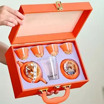 1 комплект, элитный чайный сервиз с хурмой и подарочной коробкой, китайская керамика Dehua, чайный сервиз кунг-фу, сувенирный чайник в форме хурмы/апельсина, чайная банка, чайные аксессуары, бу Orange 1 Jug, 2 Cups, 1 Can