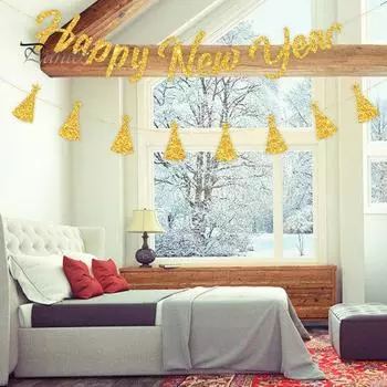 1 комплект, баннер с новым годом, долговечная блестящая подвесная шляпа, флаг для домашней вечеринки, праздничные украшения серебряный