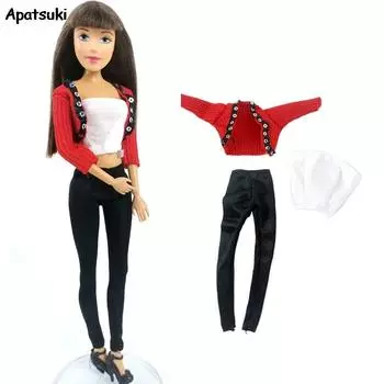 1 комплект Белый бюстгальтер Топ Черные длинные брюки Красное пальто Наряды Одежда для куклы Барби Одежда Костюм Комплект кукольный домик Аксессуары для детей DIY Игрушка красный