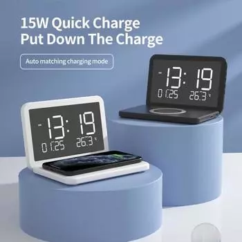 1 комплект беспроводного зарядного устройства для телефона со светодиодным зеркалом и регулировкой яркости, будильником 15 Вт 6 в 1 с вечным календарем, беспроводное зарядное устройство для телефона для офиса белый