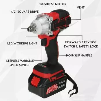 1 комплект, беспроводной ударный гайковерт с эргономичной ручкой, бесщеточный двигатель с высоким крутящим моментом, храповой ключ, инструмент для ремонта, заводские поставки B