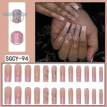 1 комплект, блестящие накладные ногти, легко удаляемые, полное покрытие, высокий блеск, сделай сам, французское блестящее сердце, искусственный бриллиант, длительное нажатие на ногти, женские принадлежности 1 Set