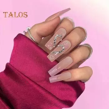 1 комплект, блестящие накладные ногти «сделай сам», не выцветающие, модные, розовое сердце, искусственные бриллианты, квадратные, французские накладные ногти, товары для дома 1 Set