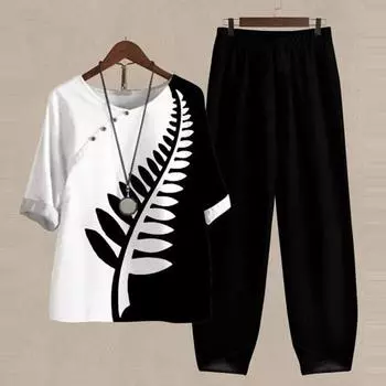 1 комплект, блузка, брюки, пуговицы, половинные рукава, повседневная свободная одежда с круглым вырезом, повседневная одежда, блузка с цветочным узором, брюки XL белый