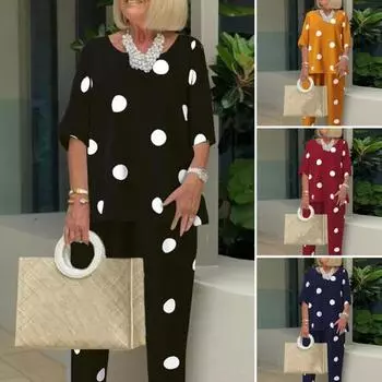 1 комплект, блузка, брюки с эластичной резинкой на талии и принтом в горошек, летний богемный свободный крой, костюм, комплект из двух предметов 5XL красный