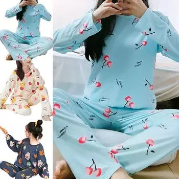 1 комплект большого размера, длинный рукав, свитер + брюки, пижамы, свободные, с принтом, женская осенняя пижама, домашняя одежда L