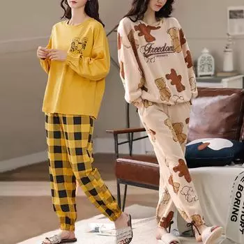 1 комплект, большой размер, свободная, удобная, женская, простая, с рисунком, пижама, брюки с длинным рукавом, комплект домашней одежды M синий/серый