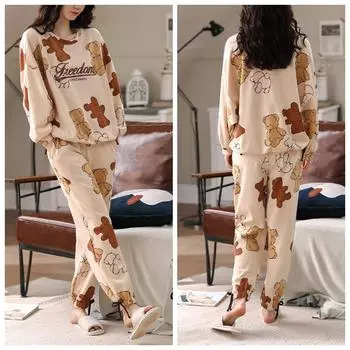 1 комплект, большой размер, свободная, удобная, женская, простая, с рисунком, пижама, брюки с длинным рукавом, комплект домашней одежды M абрикосовый