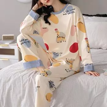 1 комплект, большой размер, свободная, удобная, женская, с рисунком, пижама с длинным рукавом и брюками, комплект домашней одежды L