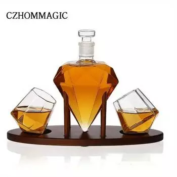 1 комплект бутылок вина, графин для виски в форме ромба с 2 бокалами для вина и деревянным держателем, бутылка вина из боросиликатного стекла, элегантная поделка ручной работы Diamond Decanter With 2 Glass