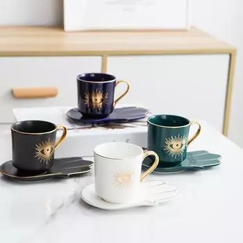 1 комплект чашек для дурного глаза, керамическая кофейная кружка и набор тарелок, чайные чашки, красивая чайная чашка с подходящими блюдцами-аксессуары для чая «глаз» 200ml синий
