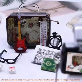 1 комплект, чашка для гитары, миниатюрные аксессуары, мини-камера, кукольный домик, зубная паста, книга, очки, модель кукольного домика, винтажный чехол для путешествий чёрный