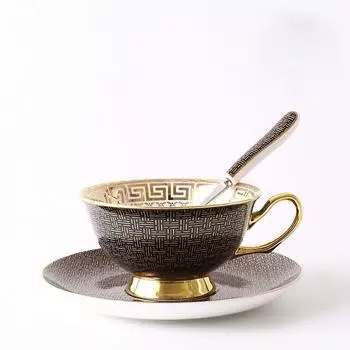 1 комплект, чашка и блюдце из костяного фарфора, белая/черная кофейная кружка с сеткой, инкрустация золотым краем, посуда, подарок белый