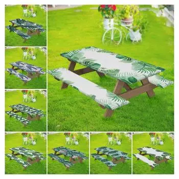 1 комплект чехлов для уличного стола и стульев с принтом листьев, водонепроницаемый с противоскользящей эластичной лентой, грязеотталкивающий чехол для стола для кемпинга, пикника, скамейки, патио B