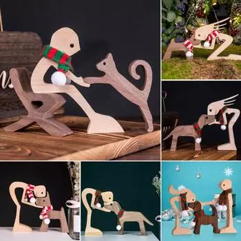 1 комплект деревянной статуэтки собаки, человека, резьбы по дереву, головоломки, щенка, кошки, мужчины, скульптура, настольное украшение, украшение на память для питомца, подарок любителям животных E
