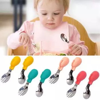 1 комплект, детская тренировочная ложка, мультяшная изогнутая пассивированная головка, научный изгиб, силиконовые детские обучающие гаджеты, посуда B жёлтый