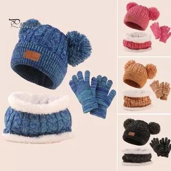 1 комплект, детская зимняя шапка, перчатки, шарф, комплект, толстый вязаный теплый ветрозащитный плюшевый декор в виде мяча, полная защита, уличная школьная одежда, головные уборы для детей ясельного возраста синий