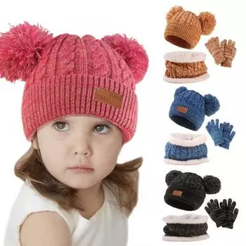 1 комплект детская зимняя шапка перчатки шарф комплект толстый вязаный теплый ветрозащитный плюш синий