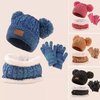 1 комплект, детская зимняя шапка, перчатки, шарф, комплект, толстый вязаный теплый ветрозащитный плюшевый декор в виде мяча, полная защита, уличная школьная одежда, головные уборы для детей ясельного возраста синий