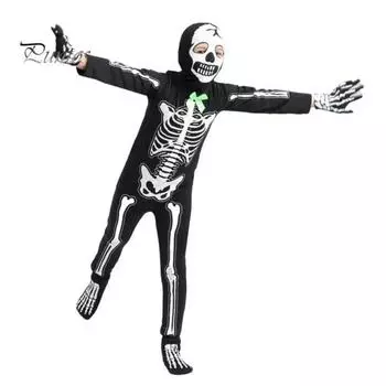 1 комплект, детский костюм на Хэллоуин с перчатками, шапкой и чехлом для ног, светящийся карнавальный комбинезон с принтом скелета, маскарадный комбинезон для косплея XL чёрный