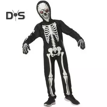 1 комплект, детский костюм на Хэллоуин с перчатками и шляпой, светящийся карнавальный костюм с принтом скелета, маскарадный комбинезон для косплея M чёрный