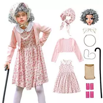 1 комплект детского костюма для косплея включает в себя пальто, платье, головной убор, парик, палку, ожерелье, очки, наряд для старой леди, аксессуары для бабушки в честь 100-го дня школы 110cm 1 Set