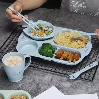 1 комплект детской посуды, устойчивый к падению, анти-горячий, миска, ложка, вилка, детский набор столовых приборов из шести предметов зелёный