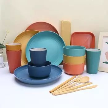 1 комплект дисков, противоударная скандинавская термостойкая обеденная соломенная чашка, чаша, вилка, ложка, палочки для еды, посуда разноцветный
