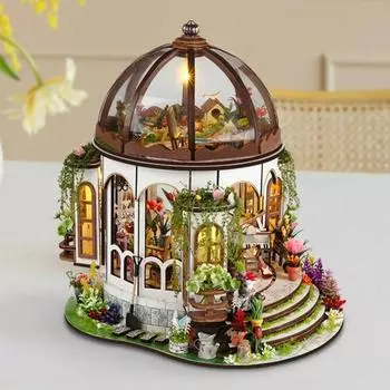 1 комплект DIY Mini Greenhouse Kit со светодиодной подсветкой Мебель для детей и взрослых, ручная работа Деревянный крошечный садовый домик Строительная модель Кукольный домик Украшения оранжевый