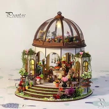 1 комплект DIY Mini Greenhouse Kit со светодиодной подсветкой Мебель для детей и взрослых, ручная работа Деревянный крошечный садовый домик Строительная модель Кукольный домик Украшения оранжевый