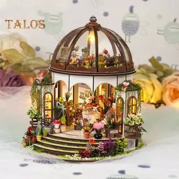 1 комплект DIY Mini Greenhouse Kit со светодиодной подсветкой Мебель для детей и взрослых, ручная работа Деревянный крошечный садовый домик Строительная модель Кукольный домик Украшения оранжевый