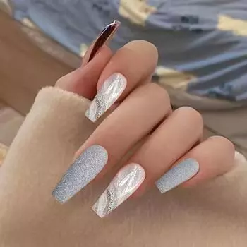 1 комплект длинных накладных ногтей, блестящий визуальный эффект, нераздражающий, безвредный, съемный мраморный узор, декоративный пластик, полный