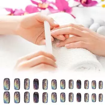 1 комплект для женщин и девочек, накладные ногти с эффектом кошачьего глаза, глянцевый гель, накладные ногти с полным покрытием, короткие накладные ногти, акриловые типсы с клеем, набор для дизайна ногтей «сделай сам» чёрный