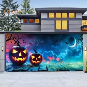 1 комплект гобеленов для гаражных ворот с установочным пакетом в стиле Хэллоуина, ведьма, дом с привидениями, тыква, летучая мышь, принт, создающий жуткую атмосферу для вечеринки 400x180cm J