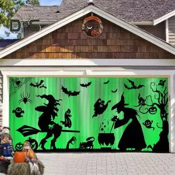 1 комплект гобеленов для гаражных ворот с установочным пакетом в стиле Хэллоуина, ведьма, дом с привидениями, тыква, летучая мышь, принт, создающий жуткую атмосферу для вечеринки 400x180cm D