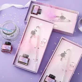 1 комплект хрустальной ручки с подвеской в виде пера, экономящая чернила, легко чистится, художественная хрустальная ручка для подписи для рисования синий