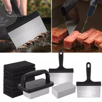 1 комплект инструментов для чистки гриля для барбекю с ручкой, скребок, чистящая подушечка, щетка для пемзы, многофункциональный набор для чистки гриля с плоской вершиной для барбекю Sets