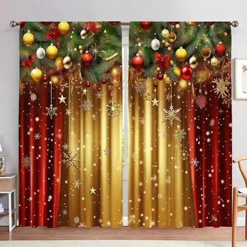 1 комплект из 2 рождественских шаров, красная и золотая снежинка, занавеска с цифровой печатью под дерево, полиэстер, подходит для гостиной 2x50W160H(CM)40x63in&Hook