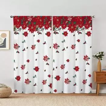 1 комплект из 2 шт. Рождественский цветочный дизайн полузатеняющих полиэстеровых оконных штор для домашнего декора, гостиной и спальни 2x50W160H(CM)40x63in&Hook