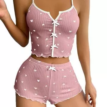 1 комплект из двух предметов, женский летний комплект из полиэстера без рукавов с принтом в виде сердца и банта Love Heart, V-образным вырезом M