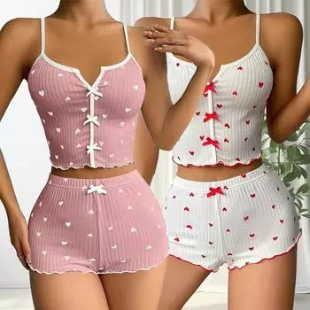 1 комплект из двух предметов, женский летний комплект из полиэстера без рукавов с принтом в виде сердца и банта Love Heart, V-образным вырезом L
