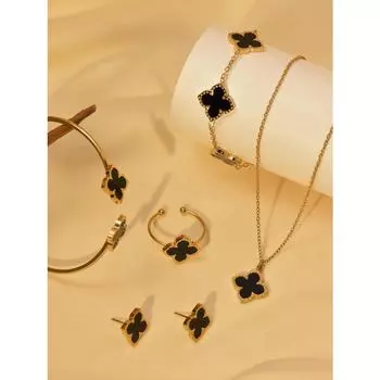 1 комплект из нержавеющей стали, комплект украшений в виде клевера, ожерелье, браслет, кольцо, серьги, простой модный комплект