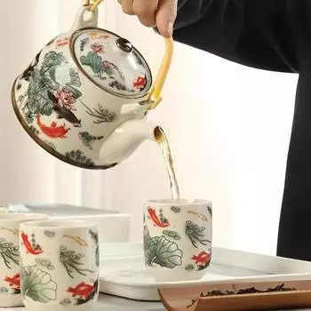 1 комплект, керамический чайный сервиз с древней китайской росписью тушью, 7 шт., чайник большой емкости с чашками для чая, сервиз послеобеденного чая, подарок для любителей чая, чайные аксессуары Fish Playing In Lotus Pond Model